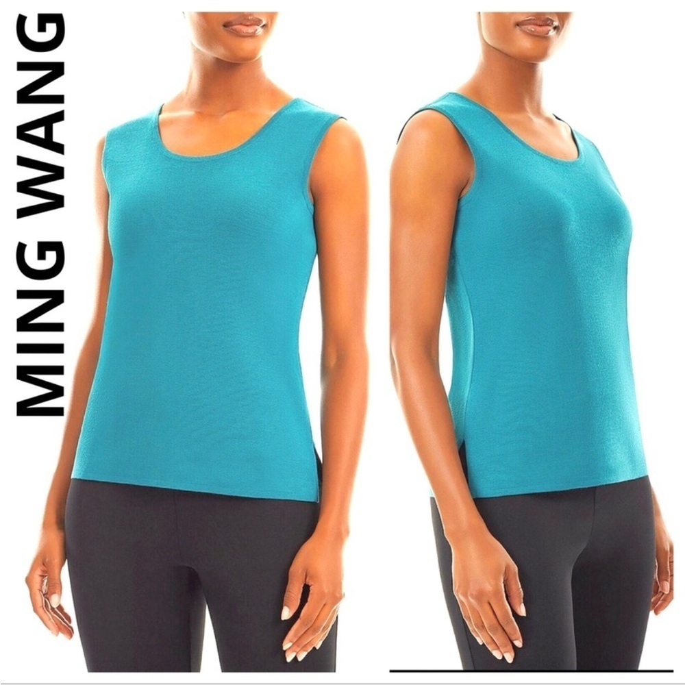 Ming Wang Scoop Neck Knit Tank Top Aqua Blue Small